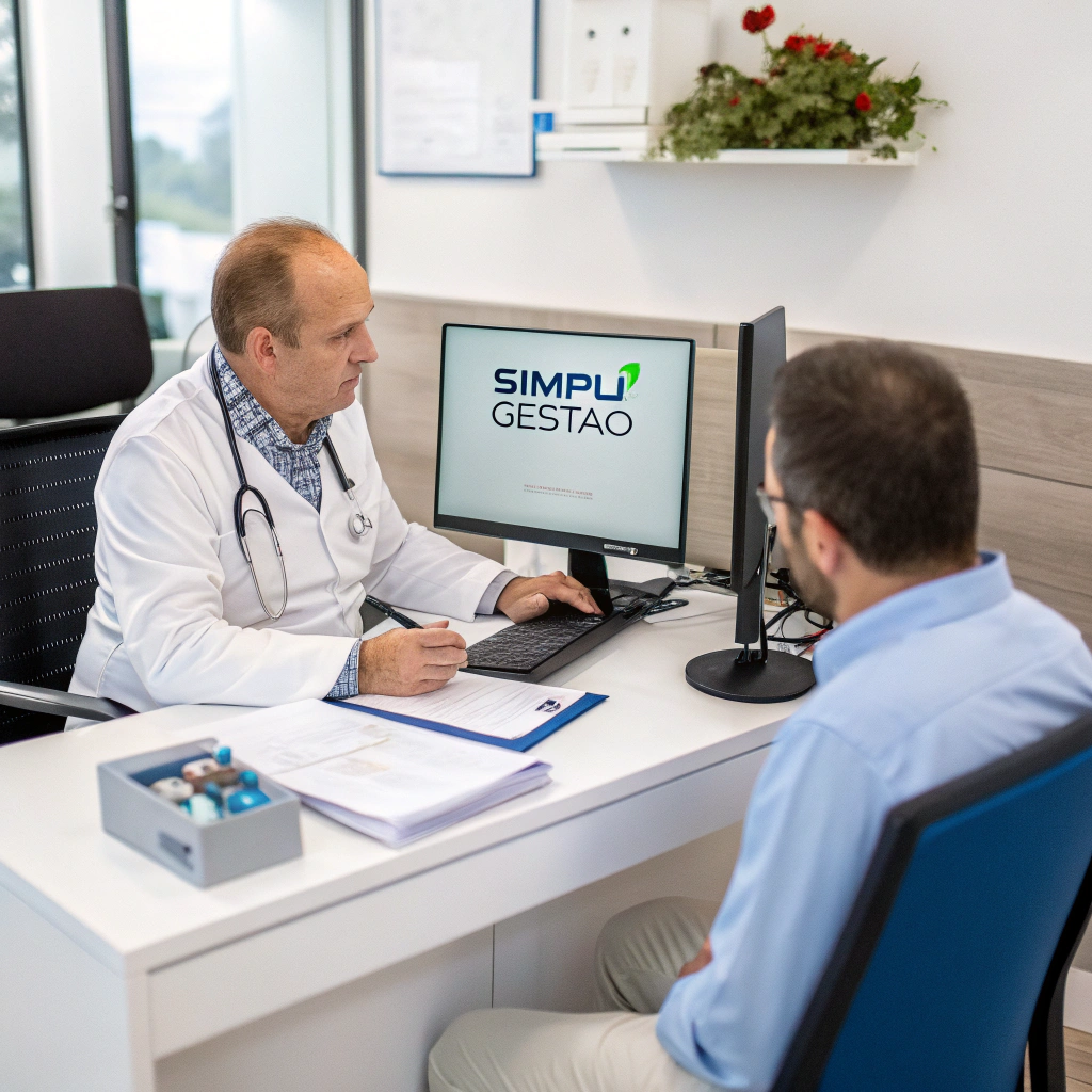 Recepção de consultório moderno com pacientes